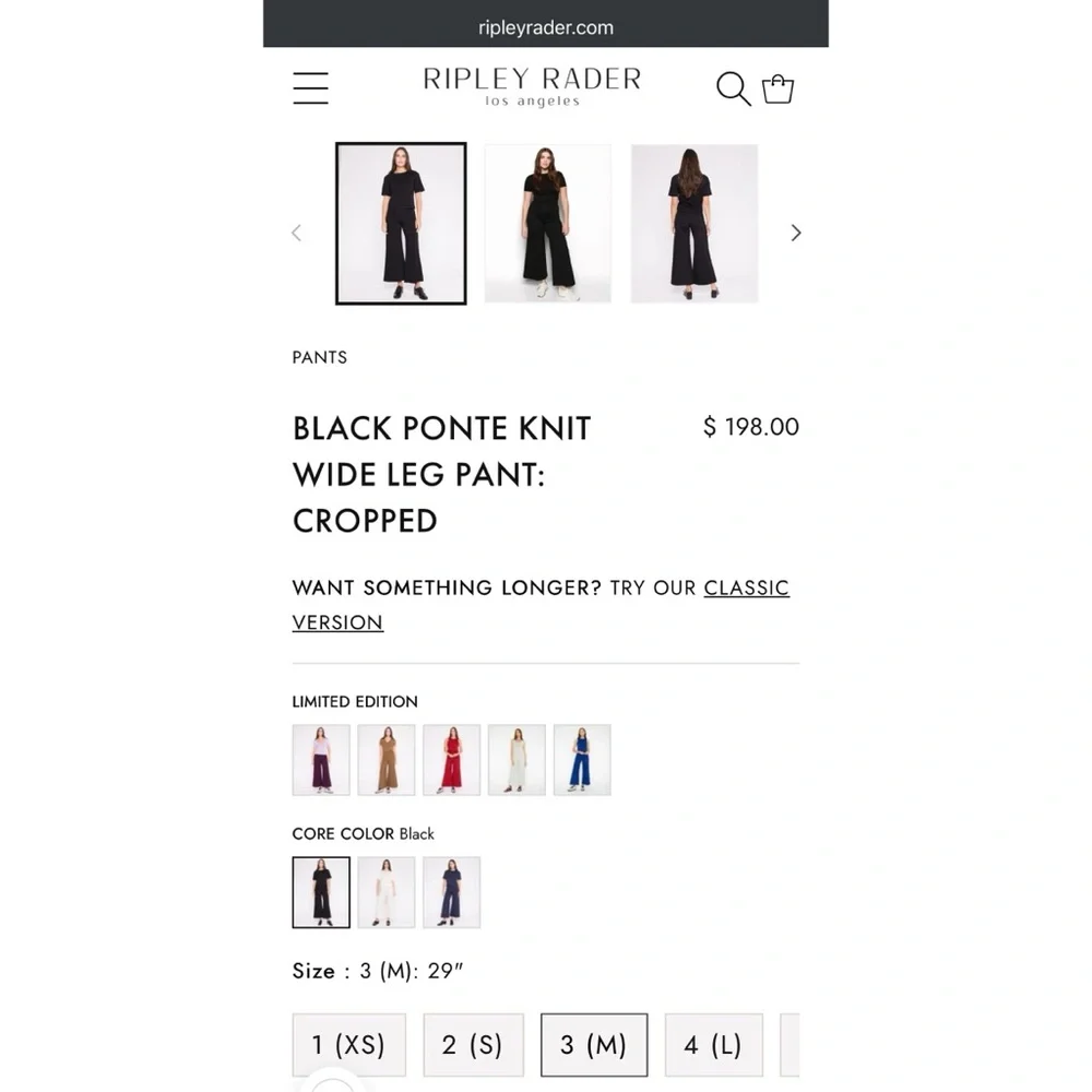 NWT Ripley Rader Cropped Black Ponte Knit Wide Leg Pant - Picture 3 of 4